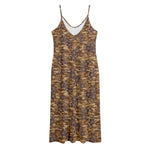 Brown Hawaiian Camo Flower Pattern Print Jersey Midi Cami Dress