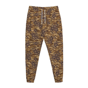 Brown Hawaiian Camo Flower Pattern Print Jogger Pants