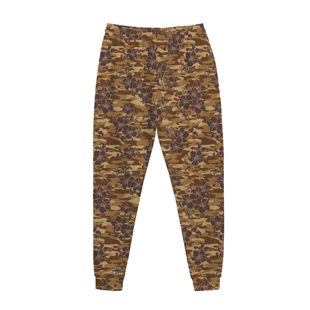 Brown Hawaiian Camo Flower Pattern Print Jogger Pants