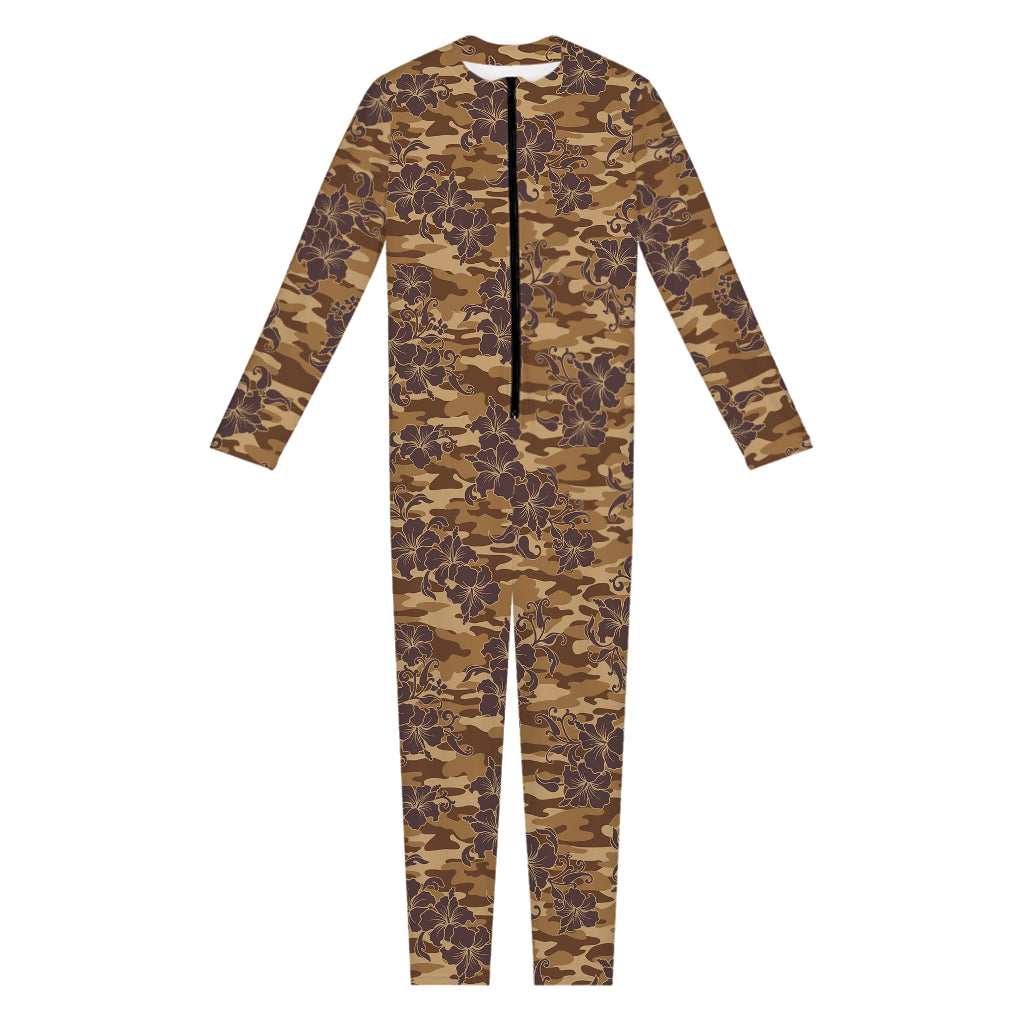 Brown Hawaiian Camo Flower Pattern Print Jumpsuit