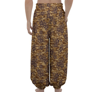 Brown Hawaiian Camo Flower Pattern Print Lantern Pants