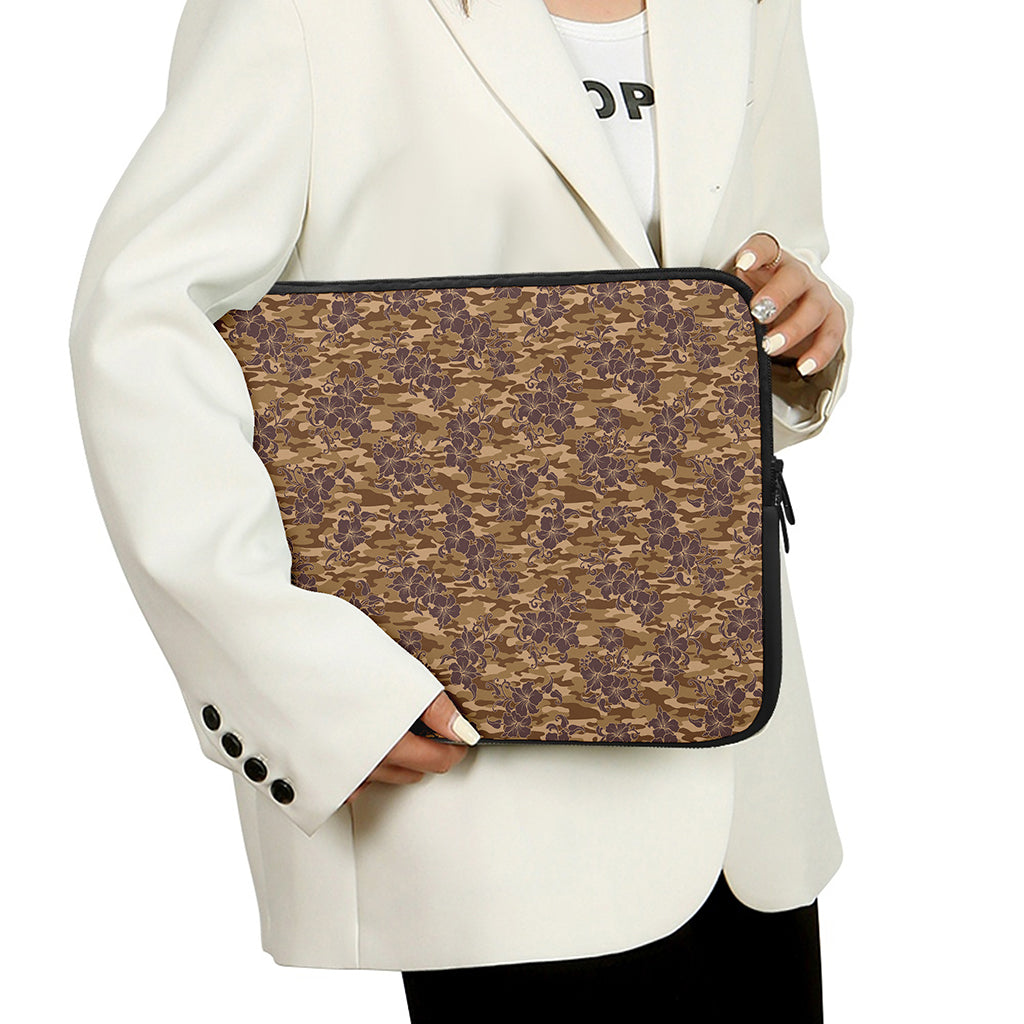 Brown Hawaiian Camo Flower Pattern Print Laptop Sleeve