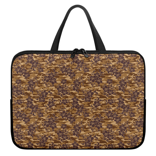 Brown Hawaiian Camo Flower Pattern Print Laptop Sleeve With Handle