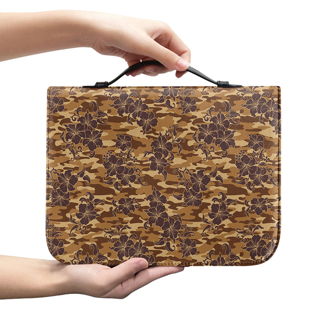 Brown Hawaiian Camo Flower Pattern Print Leather Bible Cover