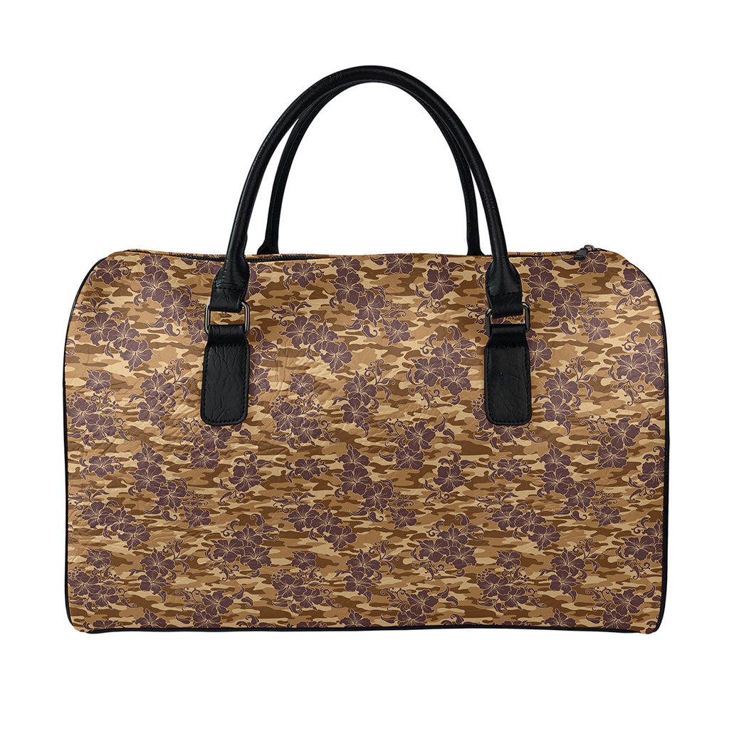 Brown Hawaiian Camo Flower Pattern Print Leather Duffle Bag