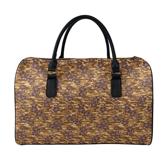 Brown Hawaiian Camo Flower Pattern Print Leather Duffle Bag