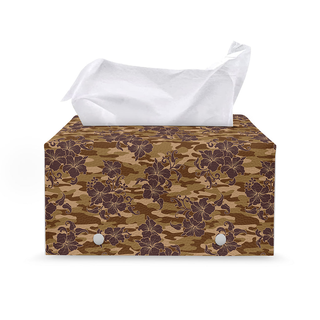 Brown Hawaiian Camo Flower Pattern Print Leather Tissue Box Cover