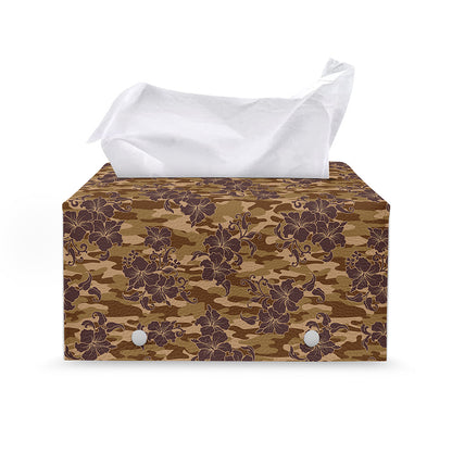 Brown Hawaiian Camo Flower Pattern Print Leather Tissue Box Cover