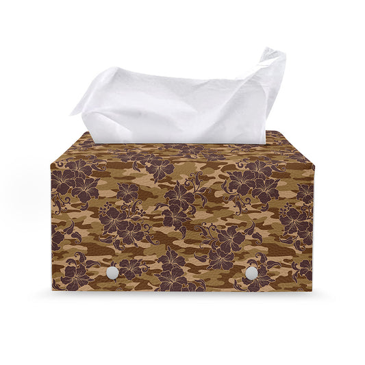 Brown Hawaiian Camo Flower Pattern Print Leather Tissue Box Cover