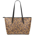 Brown Hawaiian Camo Flower Pattern Print Leather Tote Bag With Zipper