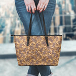 Brown Hawaiian Camo Flower Pattern Print Leather Tote Bag