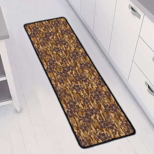 Brown Hawaiian Camo Flower Pattern Print Long Kitchen Mat
