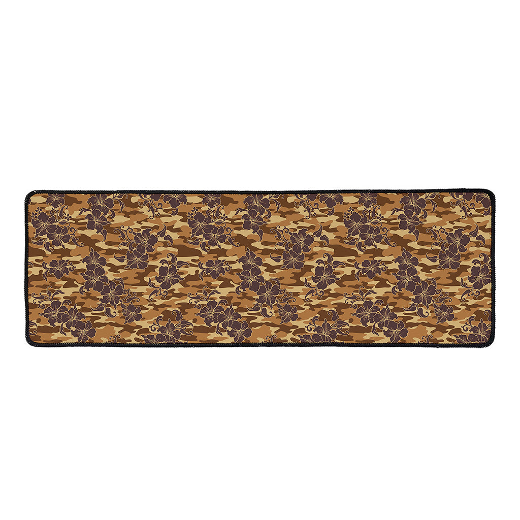 Brown Hawaiian Camo Flower Pattern Print Long Kitchen Mat