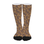 Brown Hawaiian Camo Flower Pattern Print Long Socks