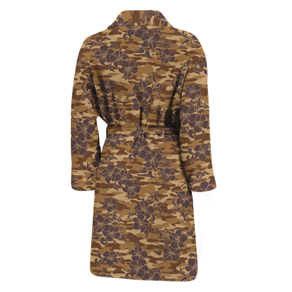 Brown Hawaiian Camo Flower Pattern Print Men's Bathrobe