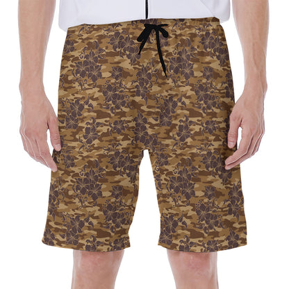 Brown Hawaiian Camo Flower Pattern Print Men's Beach Shorts