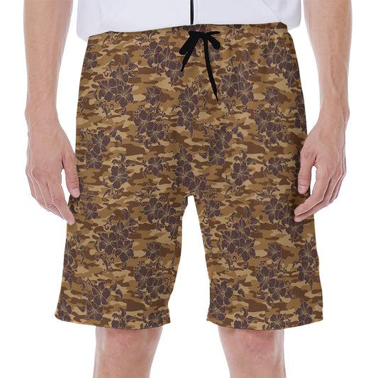 Brown Hawaiian Camo Flower Pattern Print Men's Beach Shorts