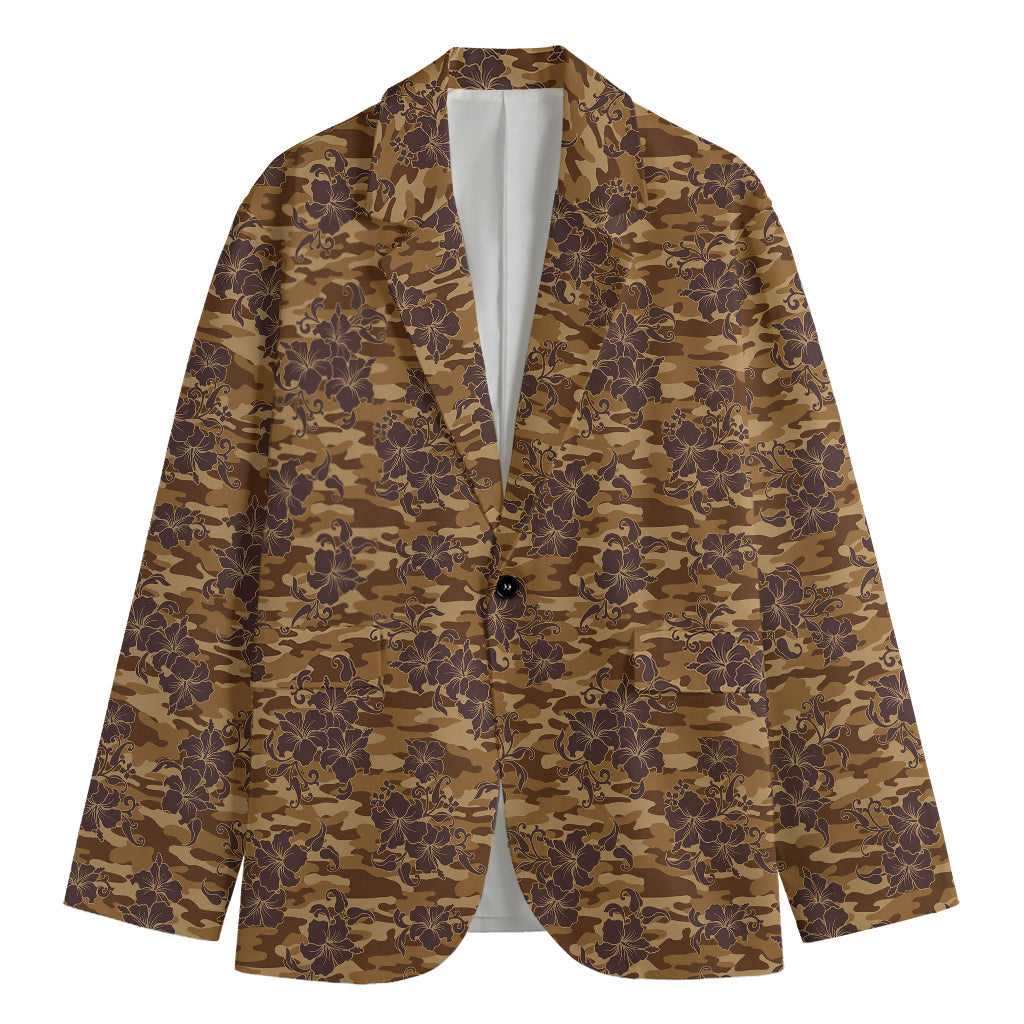 Brown Hawaiian Camo Flower Pattern Print Men's Blazer