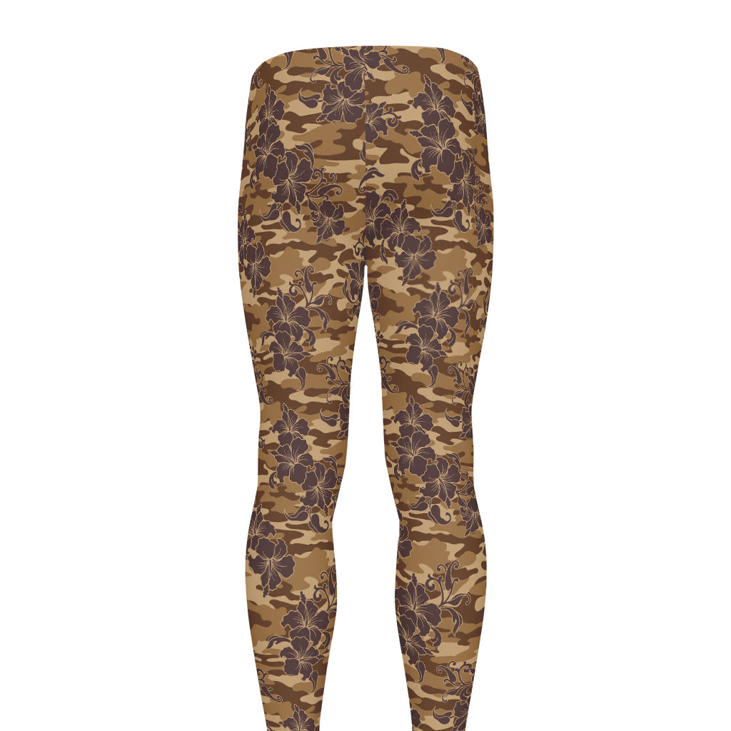 Brown Hawaiian Camo Flower Pattern Print Men's leggings