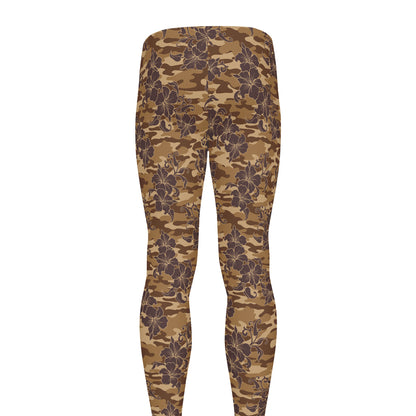 Brown Hawaiian Camo Flower Pattern Print Men's leggings