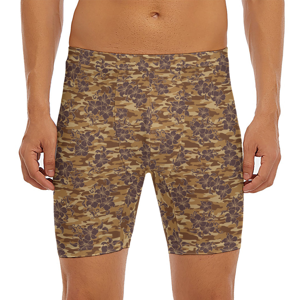 Brown Hawaiian Camo Flower Pattern Print Men's Long Boxer Briefs