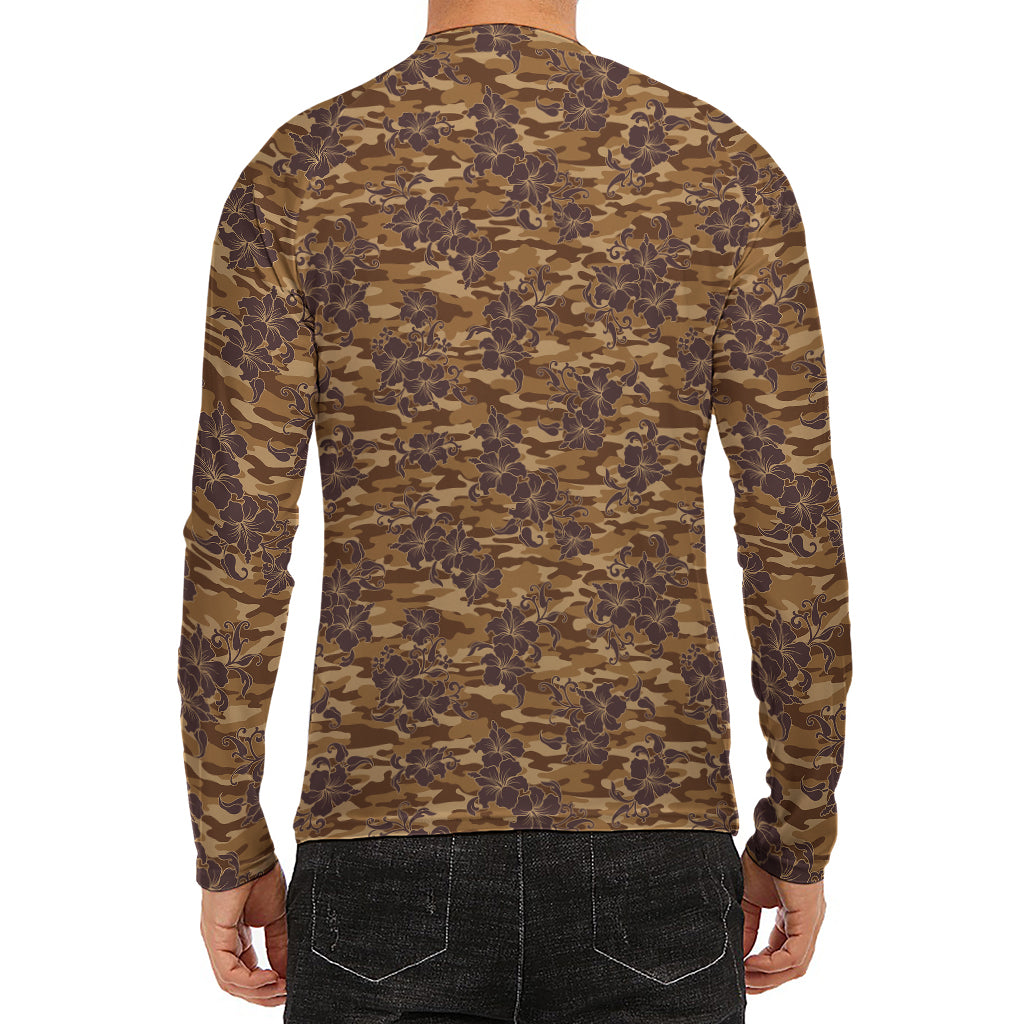 Brown Hawaiian Camo Flower Pattern Print Men's Long Sleeve Rash Guard