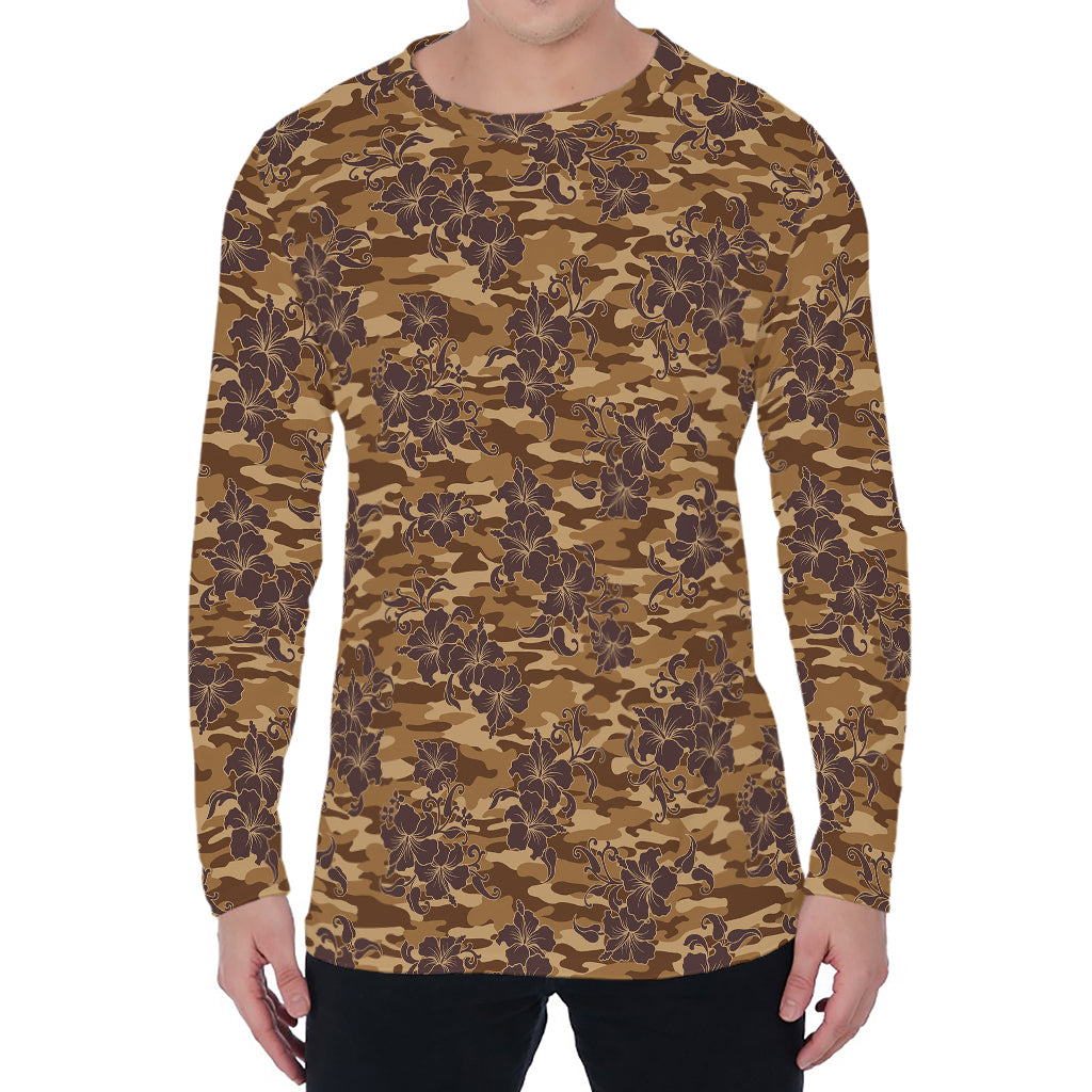 Brown Hawaiian Camo Flower Pattern Print Men's Long Sleeve T-Shirt