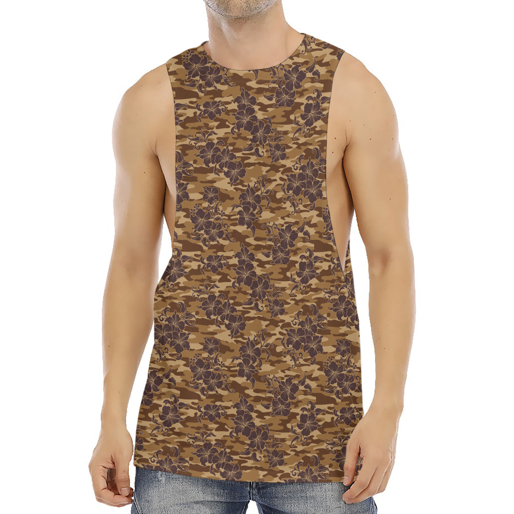 Brown Hawaiian Camo Flower Pattern Print Men's Muscle Tank Top