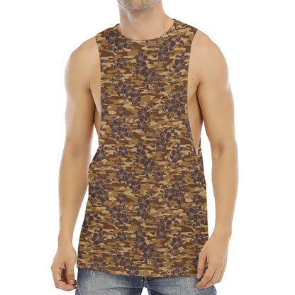 Brown Hawaiian Camo Flower Pattern Print Men's Muscle Tank Top