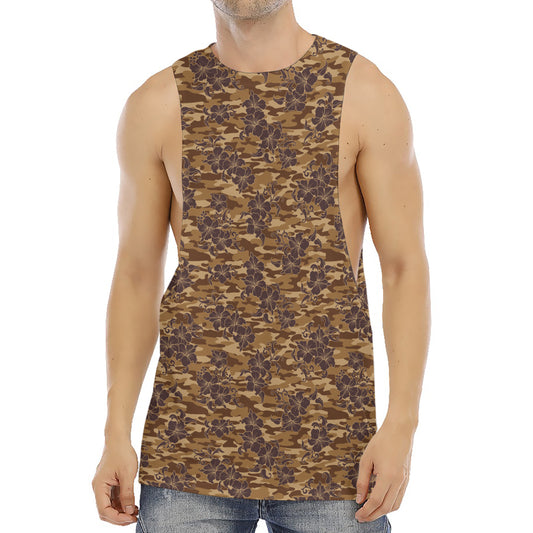 Brown Hawaiian Camo Flower Pattern Print Men's Muscle Tank Top