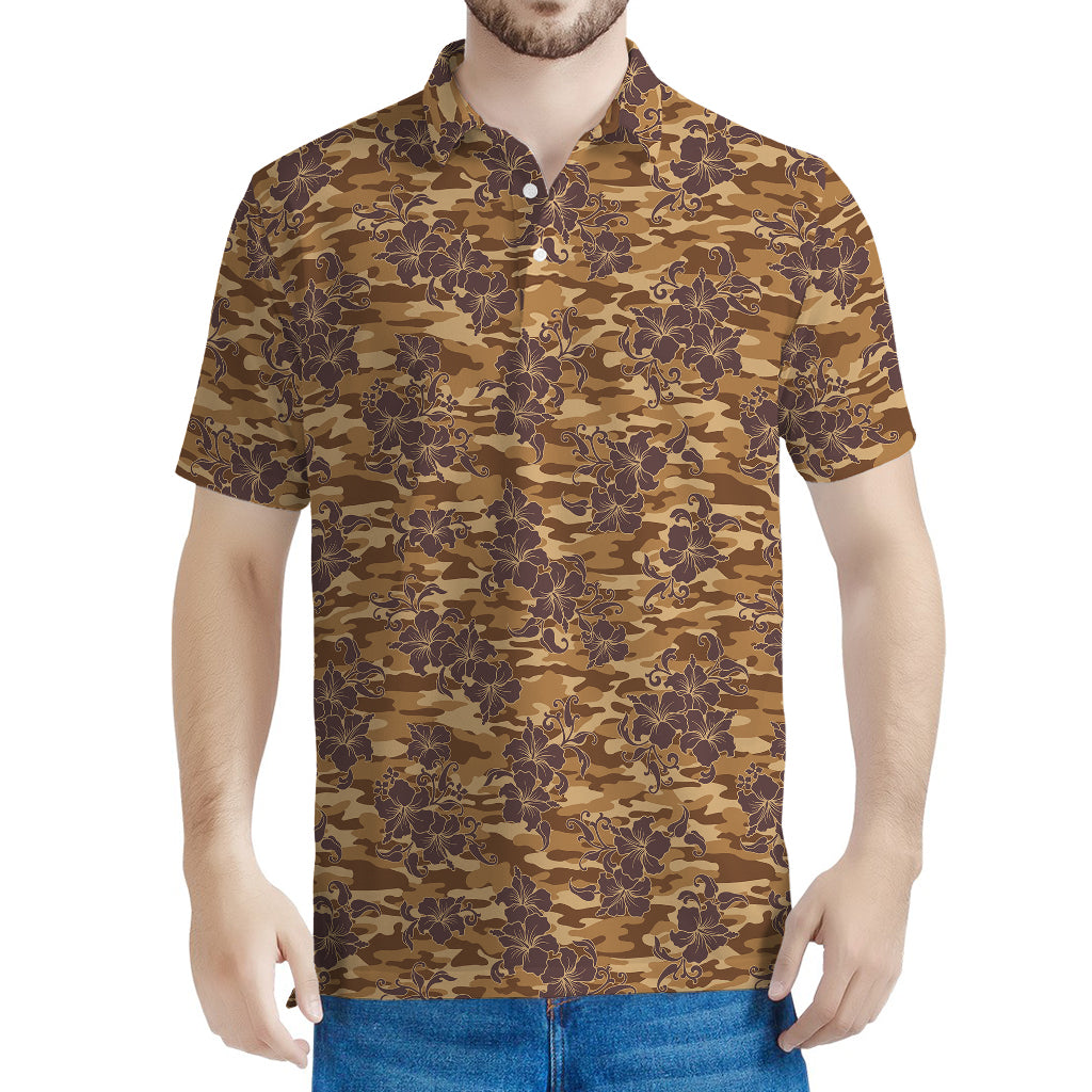 Brown Hawaiian Camo Flower Pattern Print Men's Polo Shirt