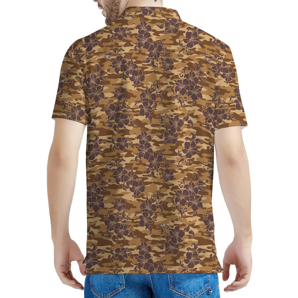 Brown Hawaiian Camo Flower Pattern Print Men's Polo Shirt