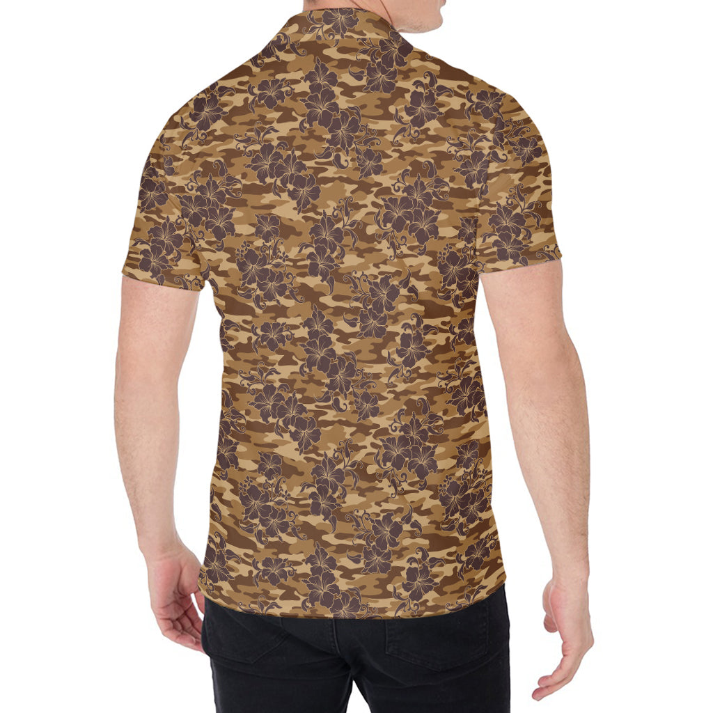 Brown Hawaiian Camo Flower Pattern Print Men's Shirt