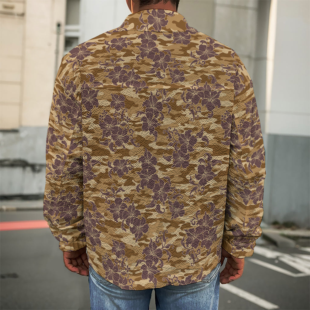 Brown Hawaiian Camo Flower Pattern Print Men's Shirt Jacket