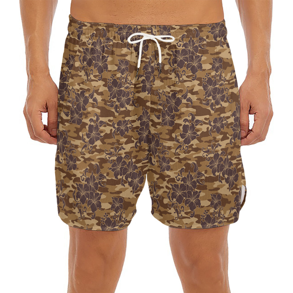 Brown Hawaiian Camo Flower Pattern Print Men's Split Running Shorts