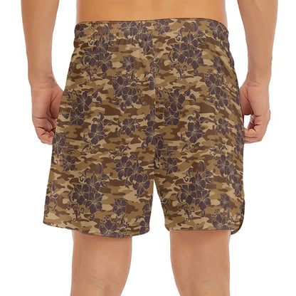 Brown Hawaiian Camo Flower Pattern Print Men's Split Running Shorts