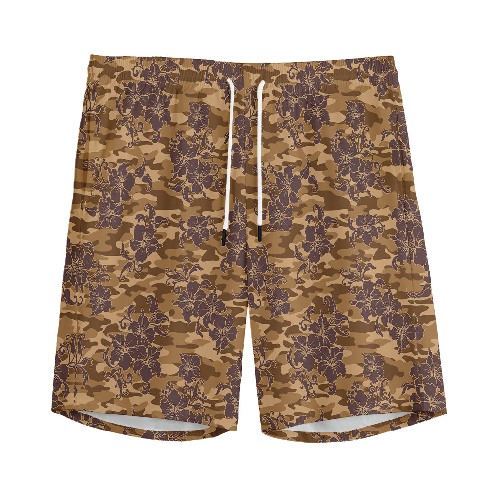 Brown Hawaiian Camo Flower Pattern Print Men's Sports Shorts