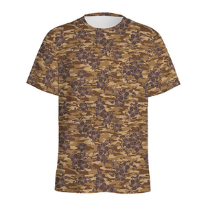 Brown Hawaiian Camo Flower Pattern Print Men's Sports T-Shirt