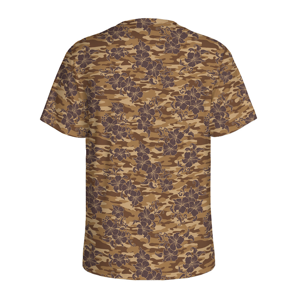 Brown Hawaiian Camo Flower Pattern Print Men's Sports T-Shirt