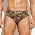 Brown Hawaiian Camo Flower Pattern Print Men's Swim Briefs