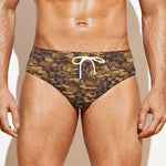 Brown Hawaiian Camo Flower Pattern Print Men's Swim Briefs