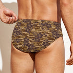 Brown Hawaiian Camo Flower Pattern Print Men's Swim Briefs