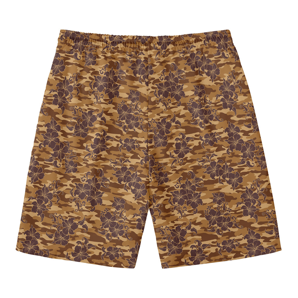 Brown Hawaiian Camo Flower Pattern Print Men's Swim Trunks