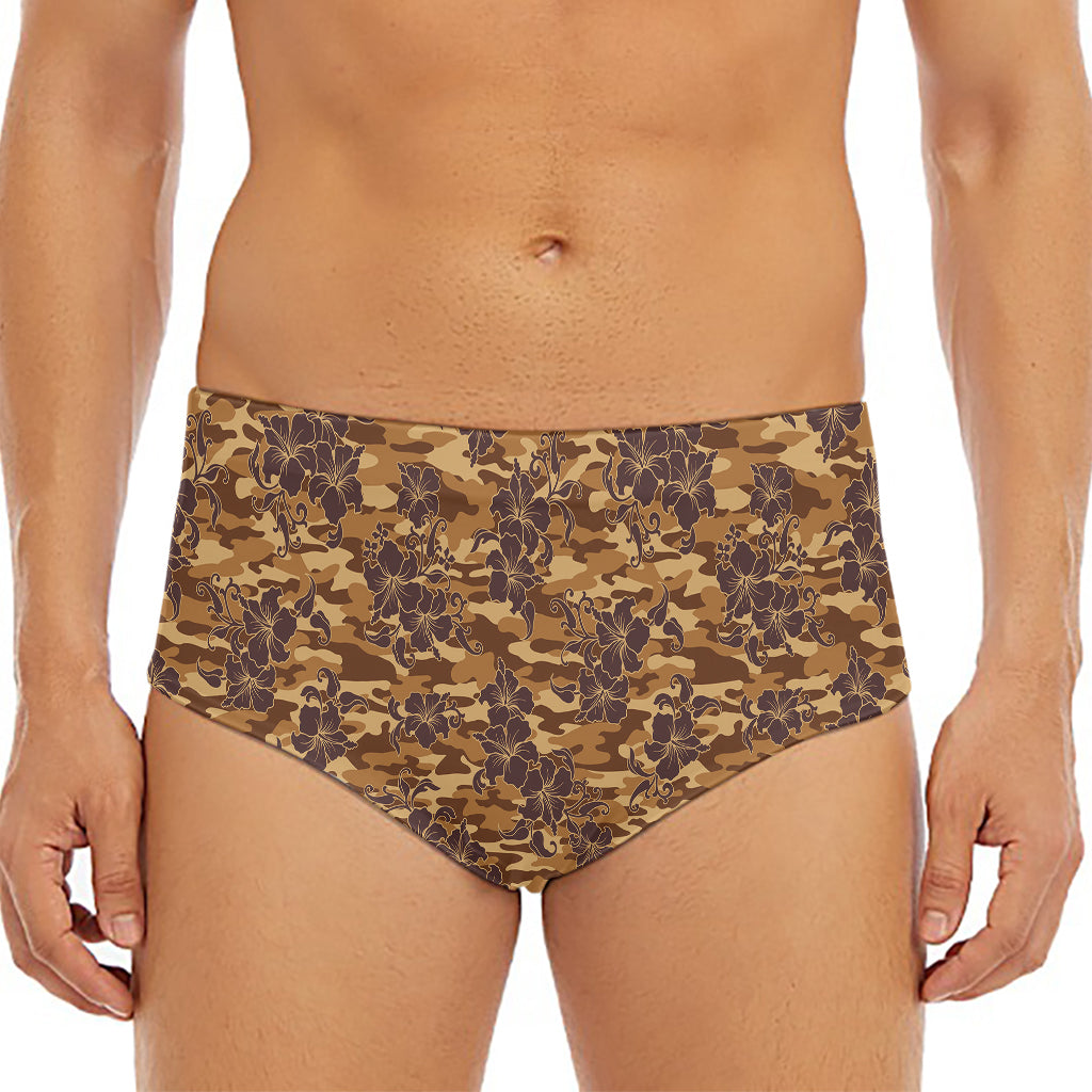 Brown Hawaiian Camo Flower Pattern Print Men's Triangle Swim Briefs