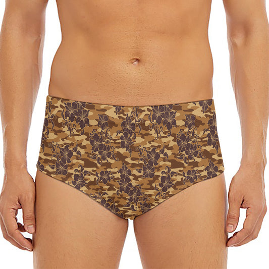 Brown Hawaiian Camo Flower Pattern Print Men's Triangle Swim Briefs