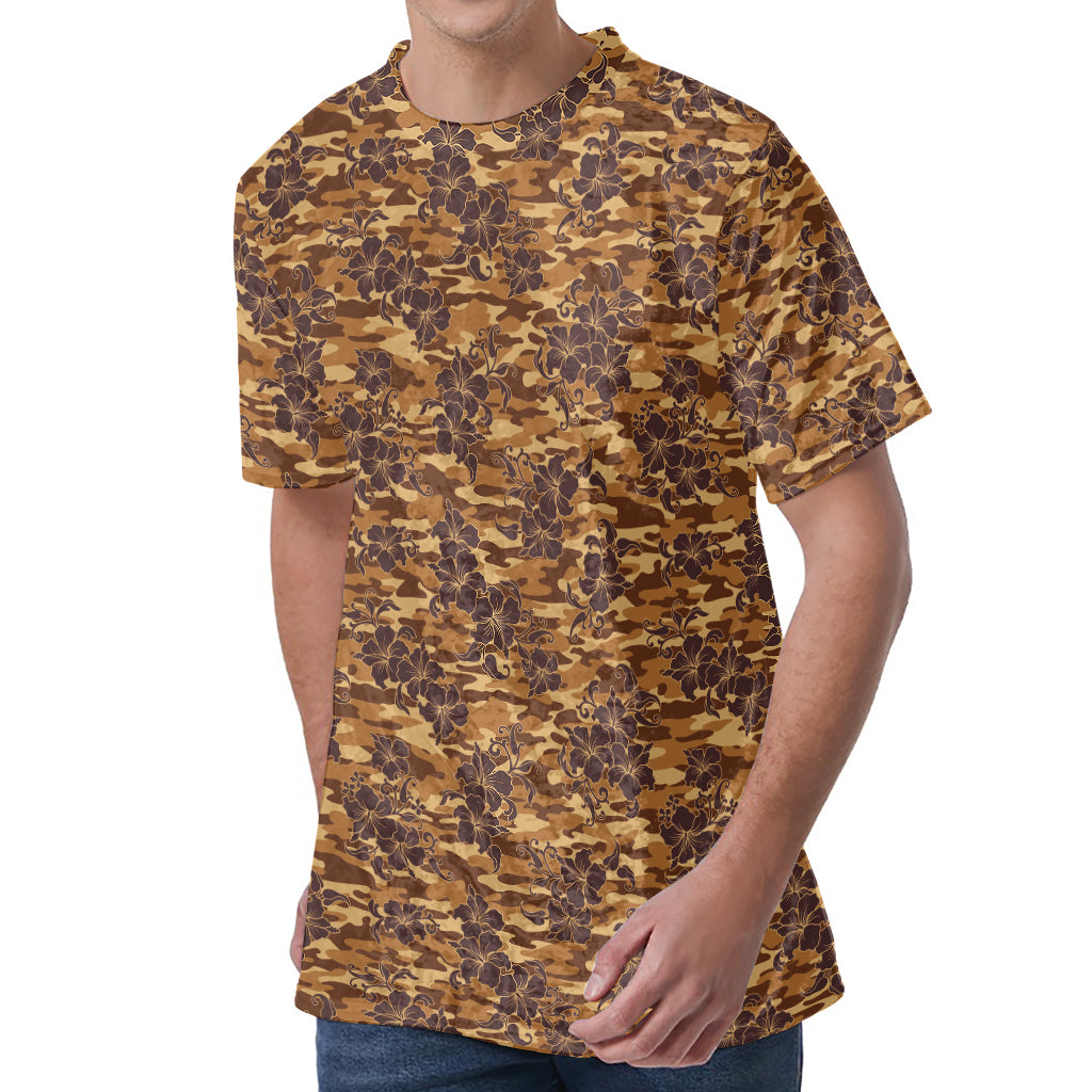 Brown Hawaiian Camo Flower Pattern Print Men's Velvet T-Shirt