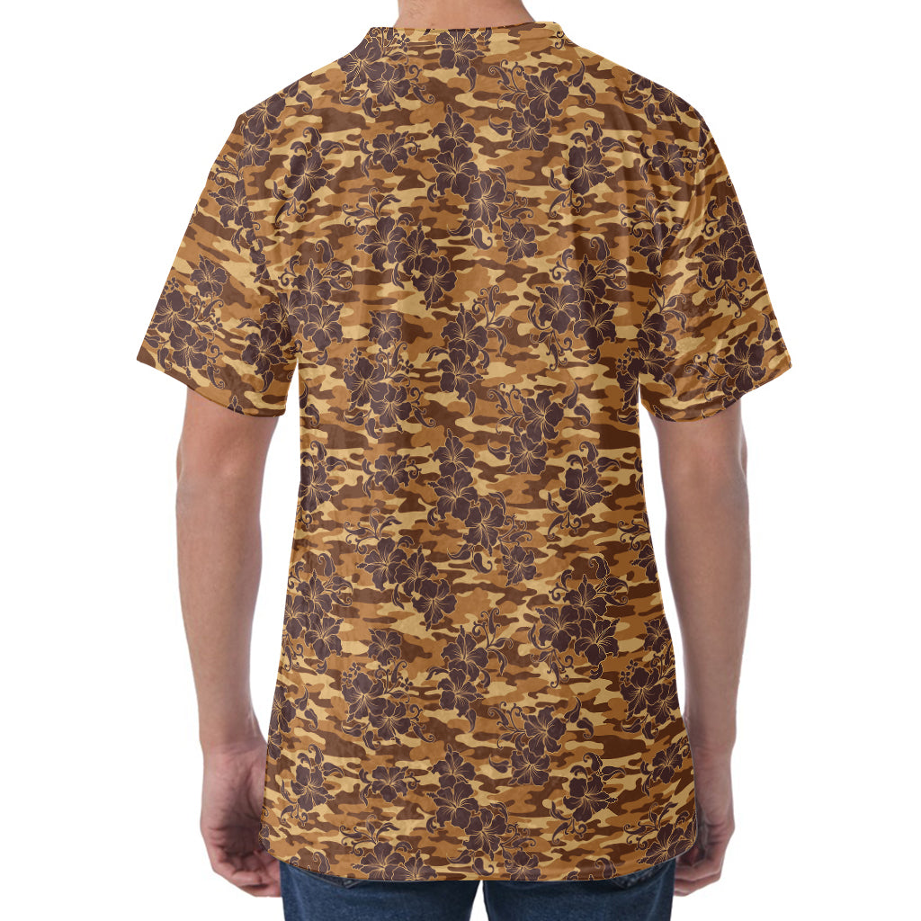 Brown Hawaiian Camo Flower Pattern Print Men's Velvet T-Shirt