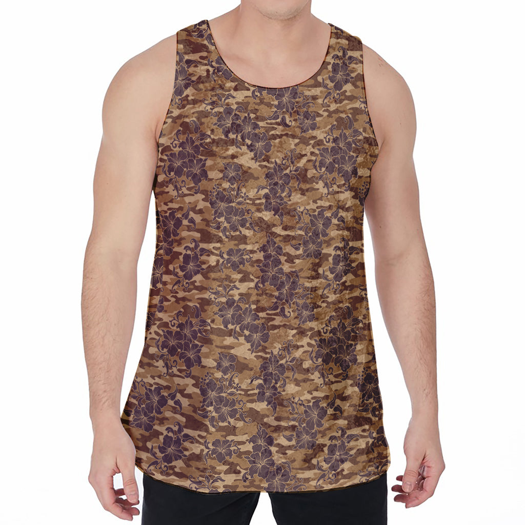 Brown Hawaiian Camo Flower Pattern Print Men's Velvet Tank Top