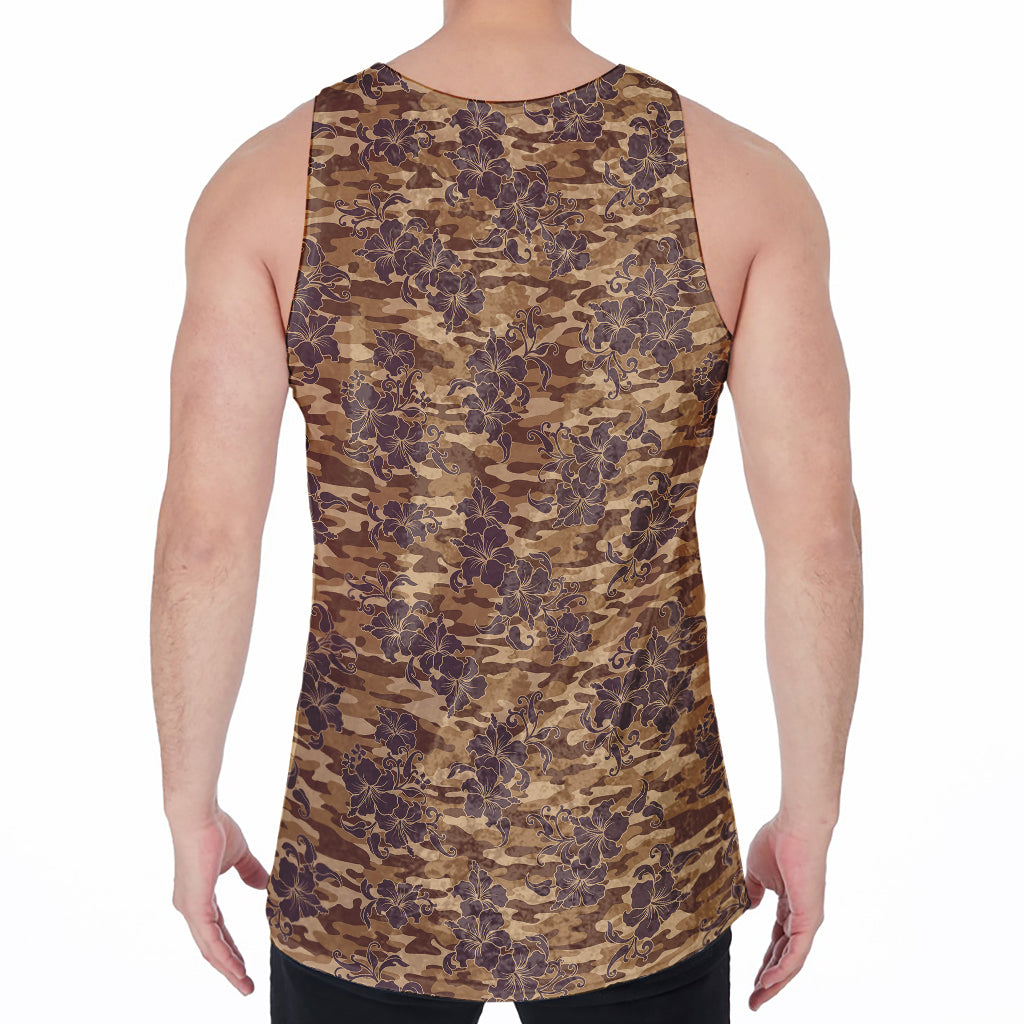 Brown Hawaiian Camo Flower Pattern Print Men's Velvet Tank Top