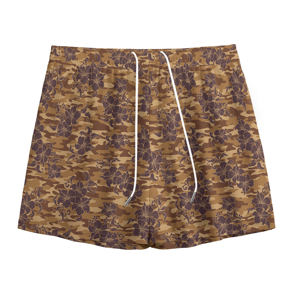 Brown Hawaiian Camo Flower Pattern Print Mesh Shorts